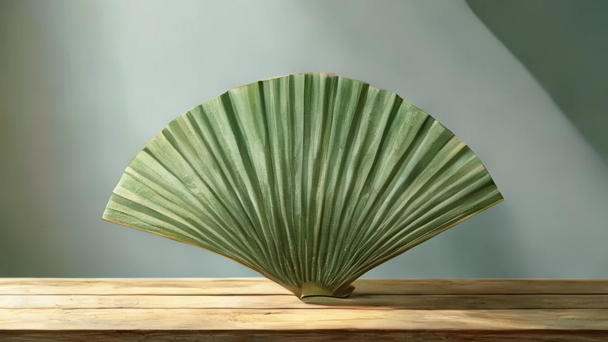 Aus getrockneten Palmenblättern gefertigter Fan, zum Abkühlen und Schatten dienend.