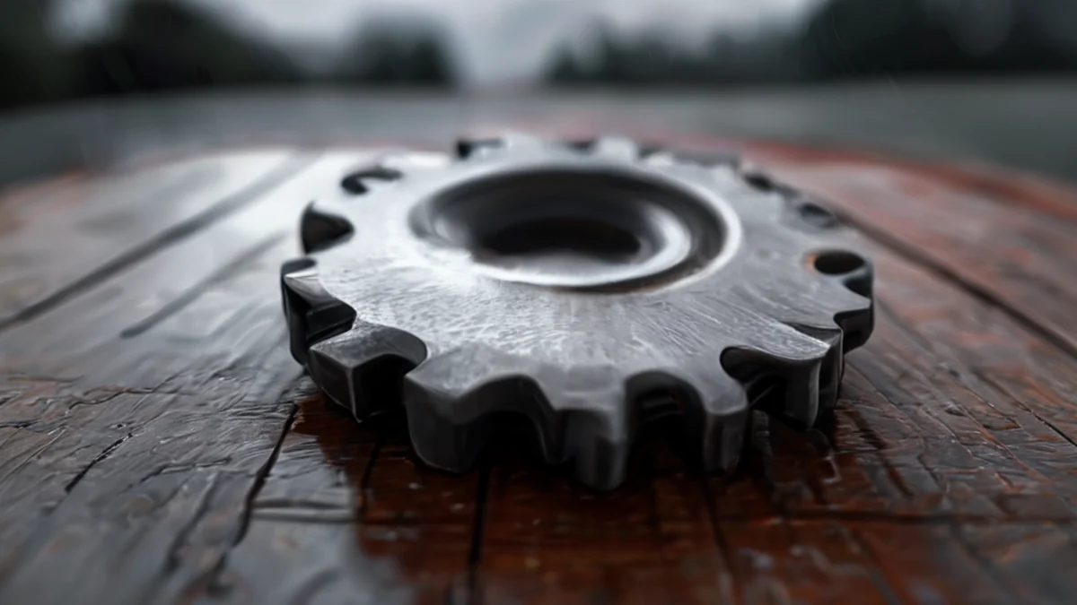 A steel gear, toothed, with a polished surface, resting on a wooden table under overcast daylight, shallow depth of field, photorealistic, sharp focus, high detail