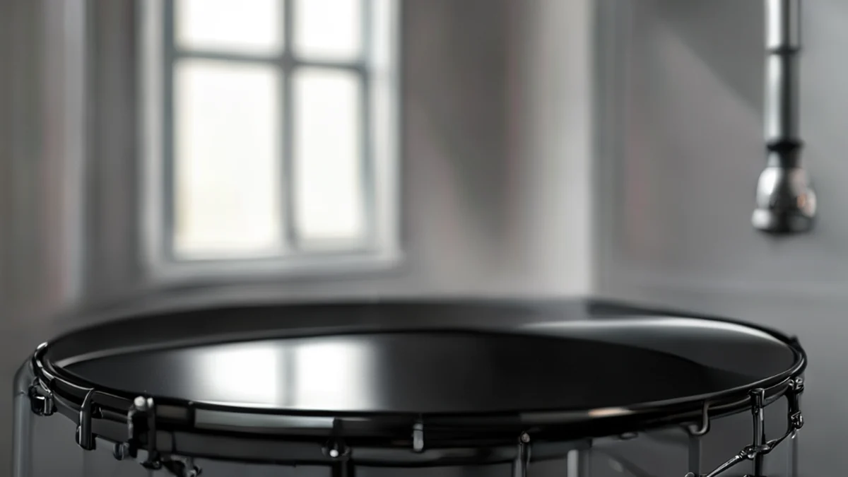 Tom studio noir, surface lisse, finition brillante, sur un rack de batterie blanc sous une lumière douce de fenêtre, champ de profondeur faible, réalisme photo, focus net, détails élevés