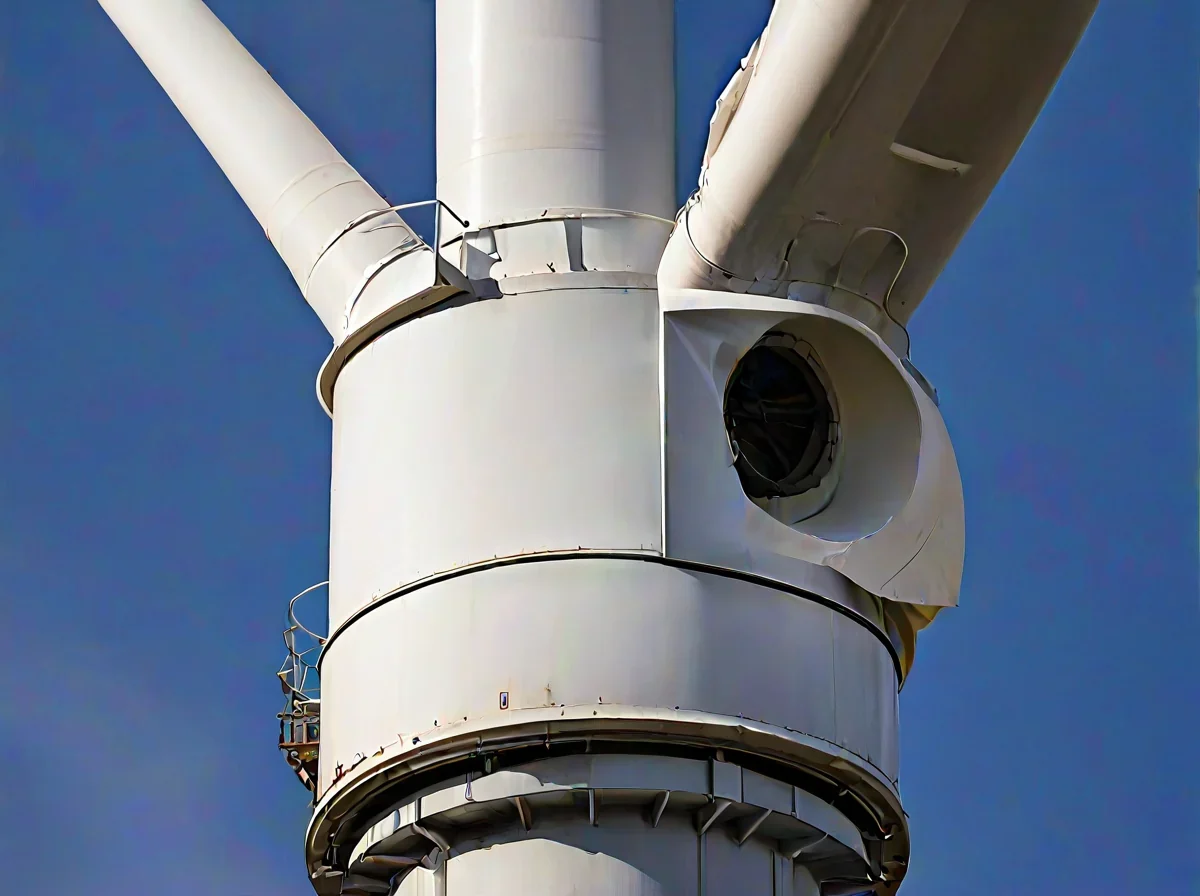 Una grande nacelle bianca fissata in cima a una torre eolica in acciaio alta. 90mm macro, luce soffusa, foto editoriale realistica.