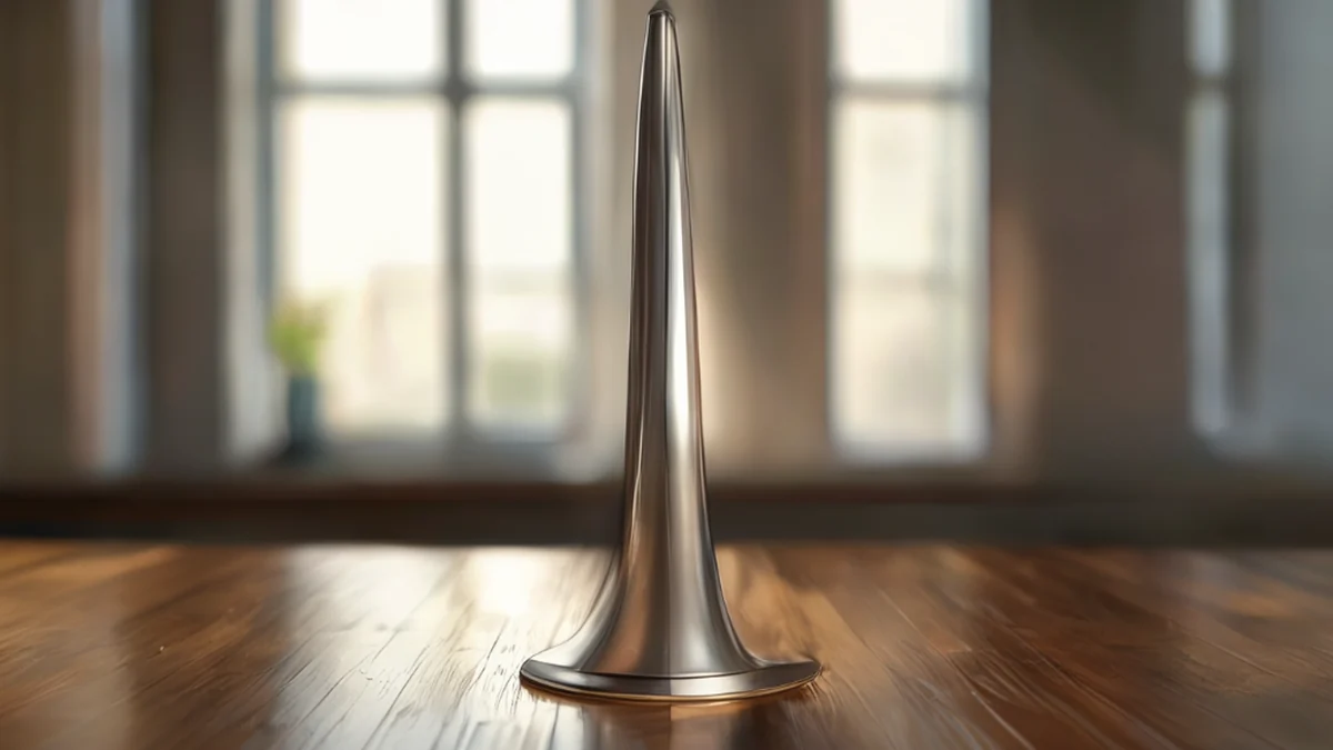 Een staalspire met een gladde, spiegelende oppervlak, centraal op een houten tafel onder zachte ramenlicht, lage diepte van veld, fotorealistisch, scherp focus, hoge details