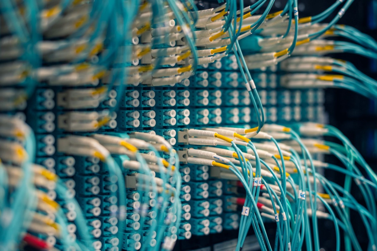 Data center with servers and cables.