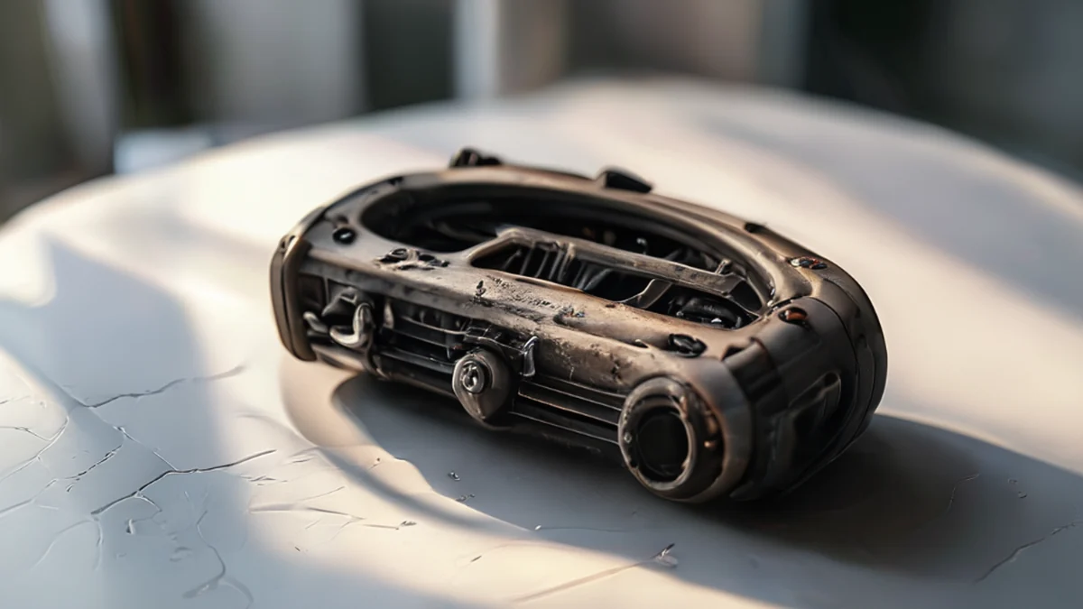 Worn Engine Mount, rubber with cracks, oval shape, on white table, warm light, shallow focus, photorealistic, high detail