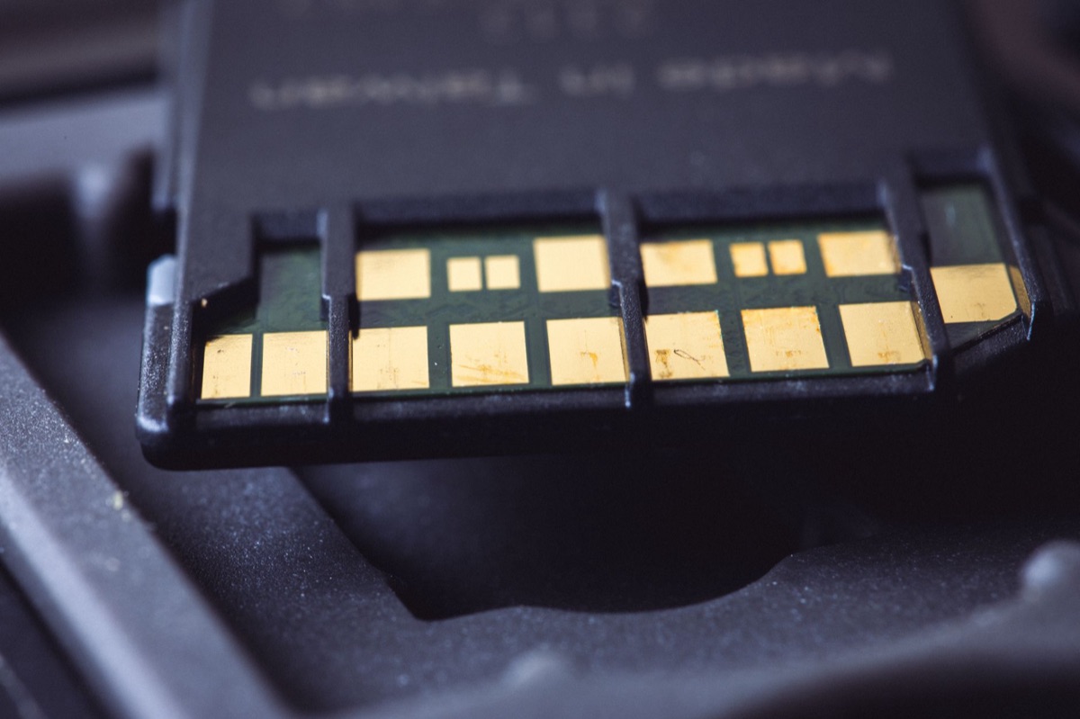 Close-up of memory chip under microscope