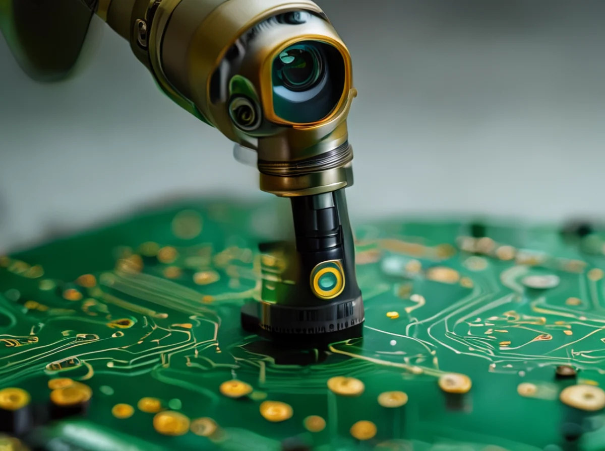Een robotarm inspecteert een printcircuitboard op defecten.