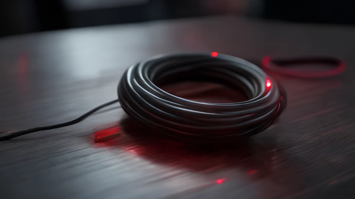 Cabo de jogo, material brilhante preto, forma espiral, luz LED vermelha, sobre uma mesa de madeira escura, hora dourada, profundidade de campo suave, fotorealista, foco afiado, detalhes altos