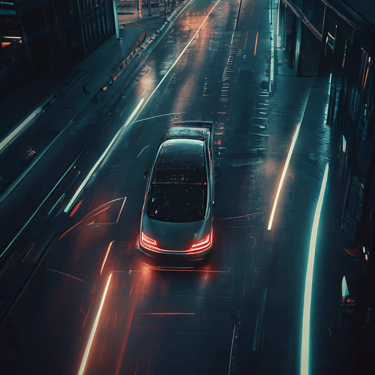 Vista dall'alto di un'auto elettrica in una città moderna