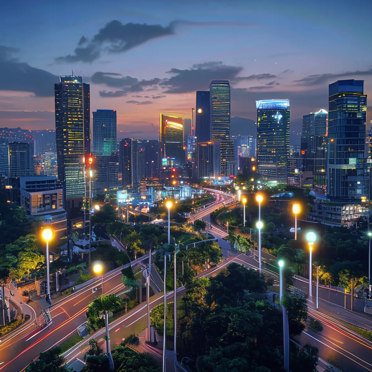 Weitwinkelansicht der Smart-City-Infrastruktur von Taipei, bei der Echtzeitdaten blinkende IoT-Straßenkreuzungen und moderne Stadtbilder harmonisch verbinden.